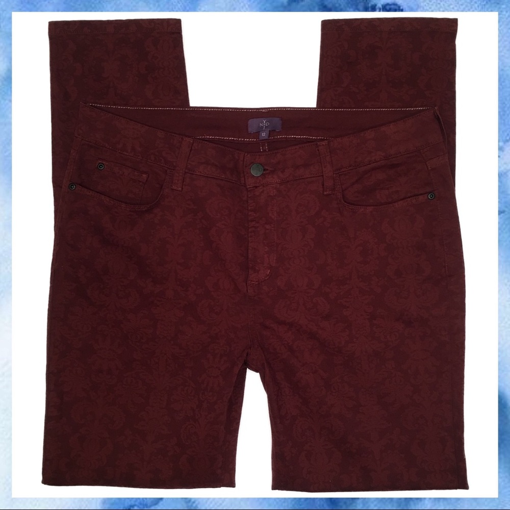 NYDJ Wine Red Brocade Print Skinny Legging Jeans